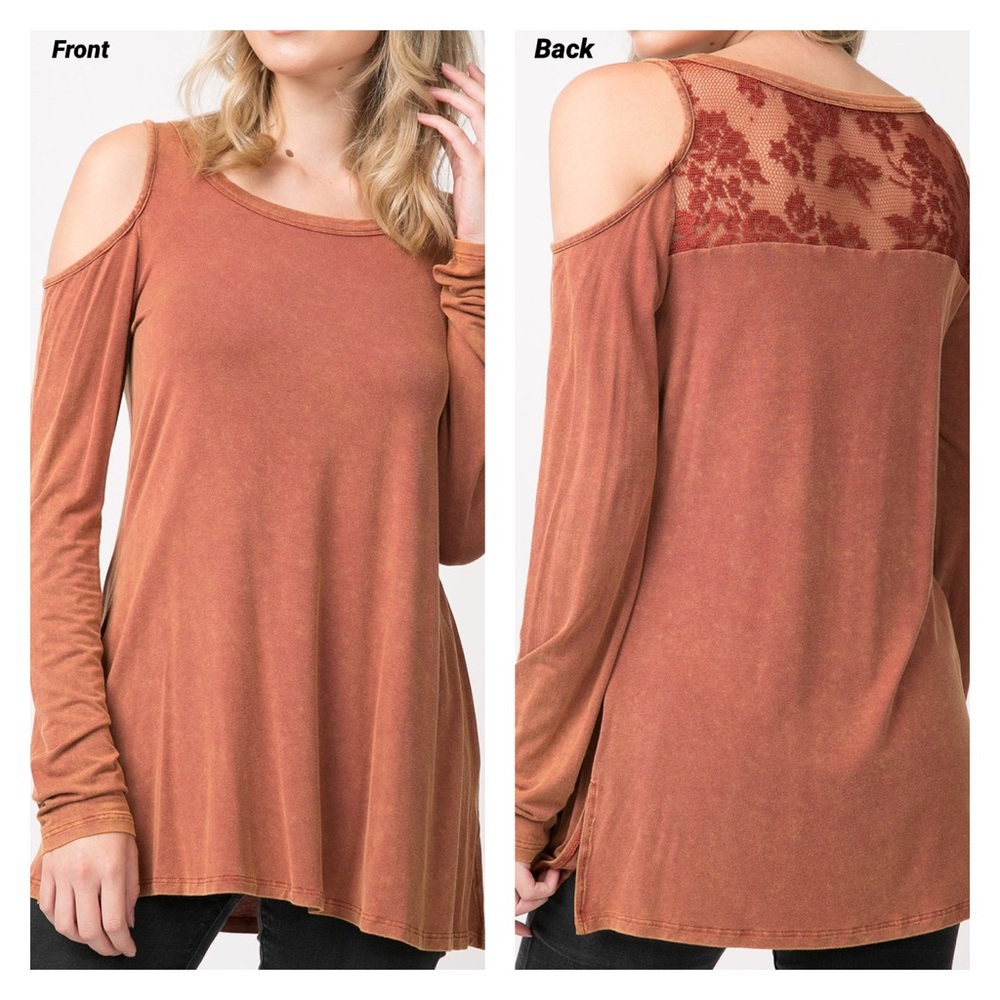 Rust color top with pretty lace accent back, NWT